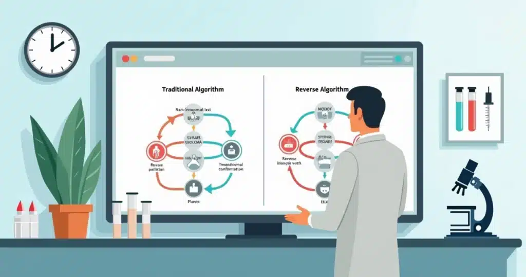 Ilustração de médico analisando algoritmos de testes sorológicos para sífilis em tela com fluxogramas