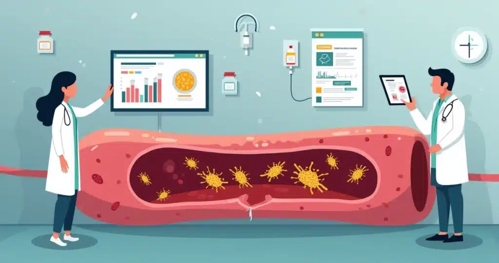 Ilustração de profissionais de saúde analisando bacteremia por Staphylococcus aureus em ambiente hospitalar