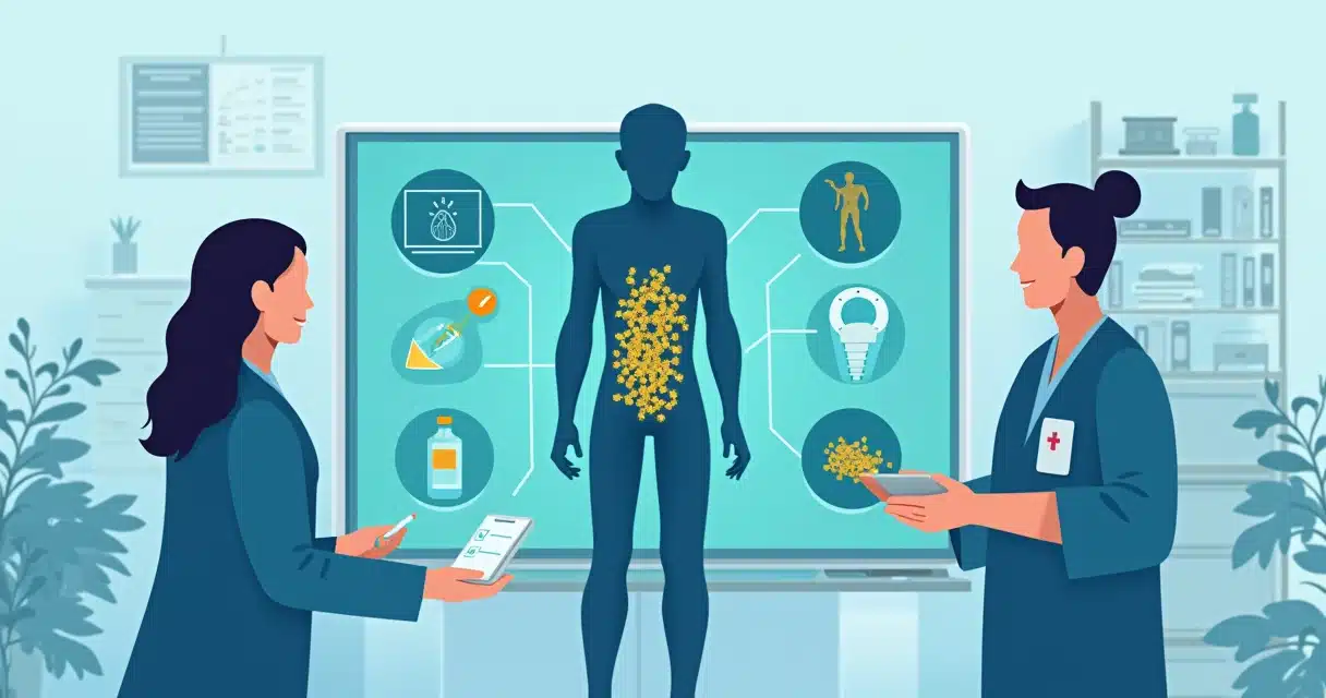 Ilustração de equipe médica analisando bacteremia por Staphylococcus aureus em painel clínico