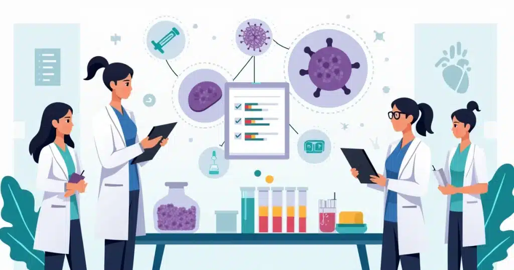 Ilustração de profissionais de saúde analisando bactéria resistente em laboratório clínico