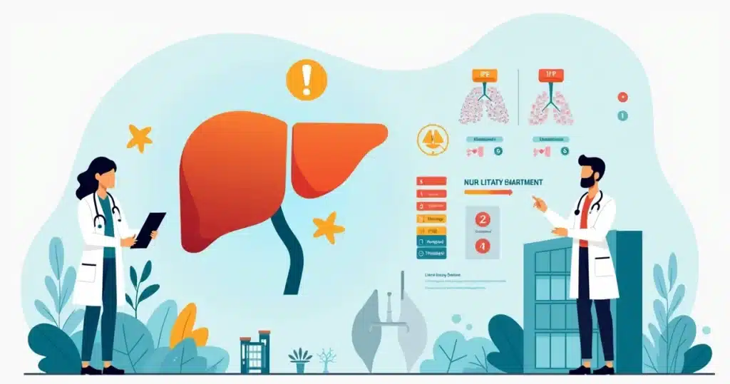 Ilustração de médico analisando fígado e esquema de tratamento da tuberculose