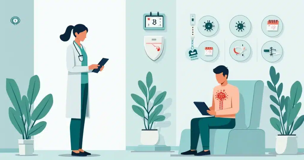Ilustração de médico avaliando paciente com lesões de herpes-zóster e destaque para sistema imunológico fragilizado