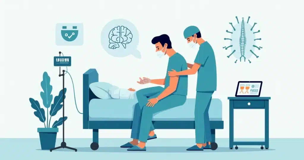 Ilustração de médico realizando punção lombar em paciente para diagnóstico de meningite