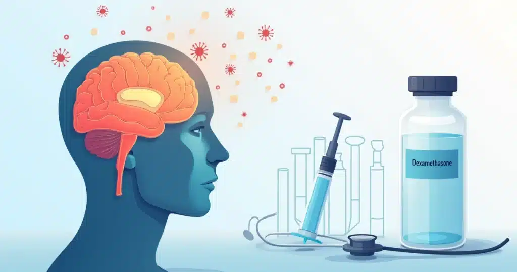 Cérebro humano com meninges inflamadas e frasco de dexametasona em destaque