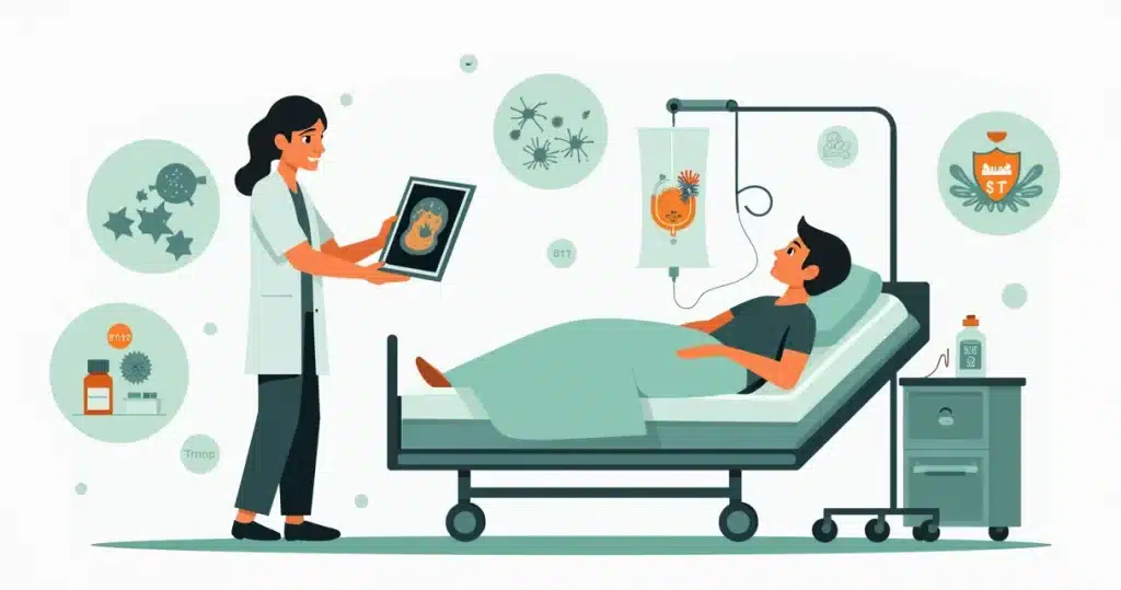 Ilustração de médico avaliando paciente em diálise peritoneal com foco em peritonite fúngica