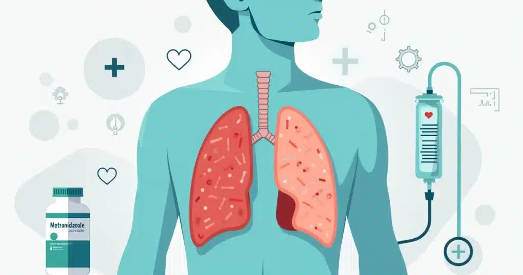 Ilustração de pulmões com pneumonia aspirativa por anaeróbios e frasco de metronidazol em destaque