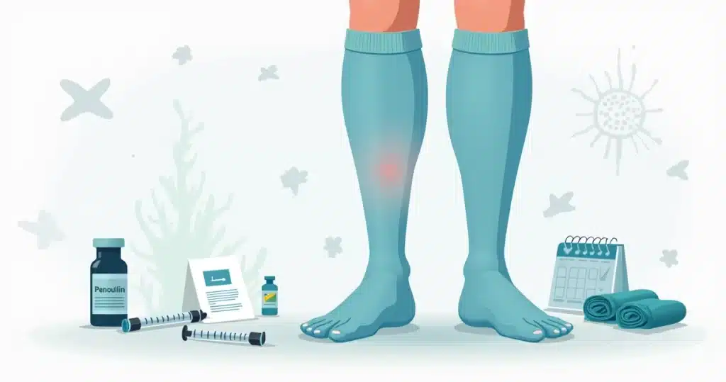 Ilustração de perna com meias de compressão e frascos de penicilina para prevenção de celulite