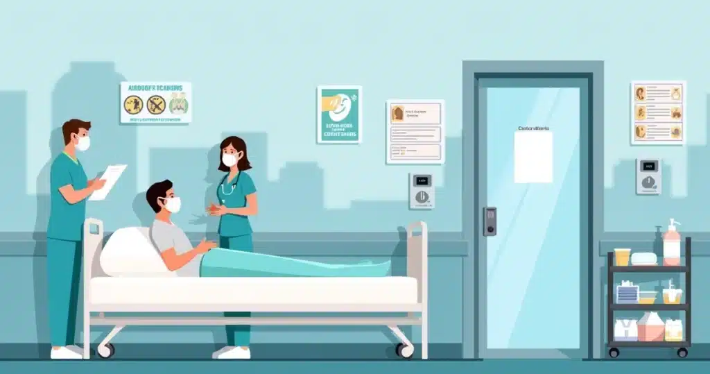 Profissional de saúde usando máscara N95 orientando paciente em isolamento respiratório