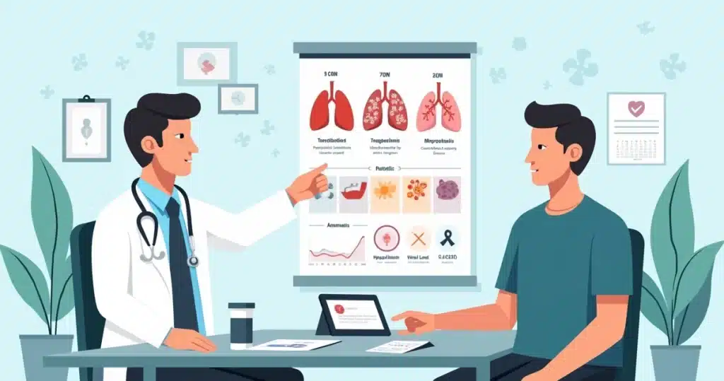 Ilustração de profissional de saúde explicando profilaxia de infecções oportunistas para pessoa vivendo com HIV