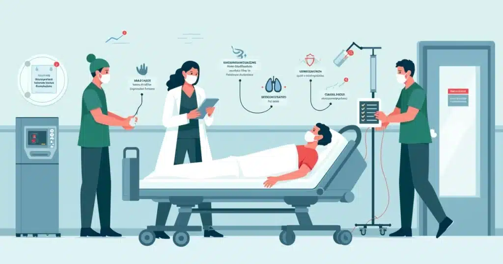 Profissionais de UTI ao redor de paciente monitorando protocolos de prevenção de infecções