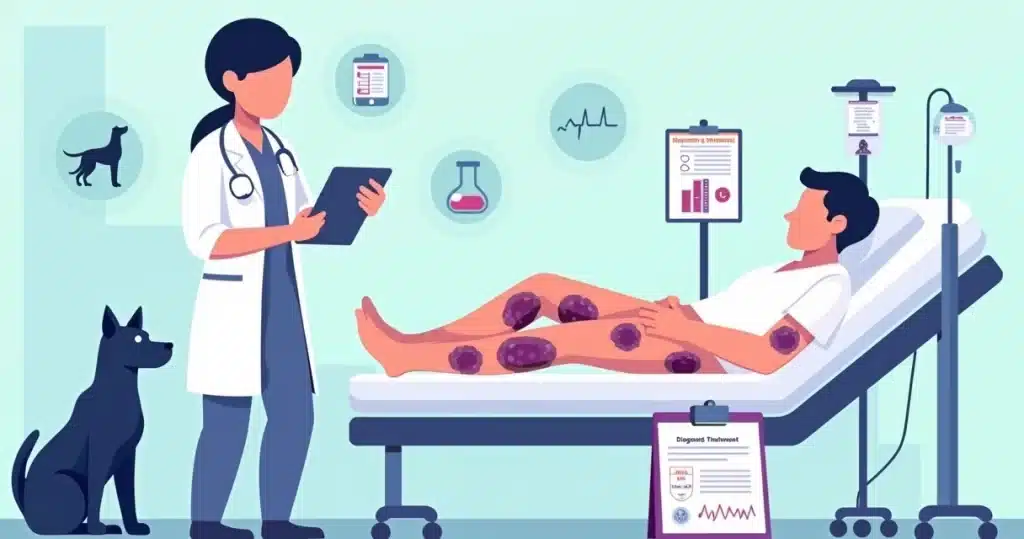 Ilustração de profissional de saúde avaliando paciente com lesões de púrpura fulminante nas pernas