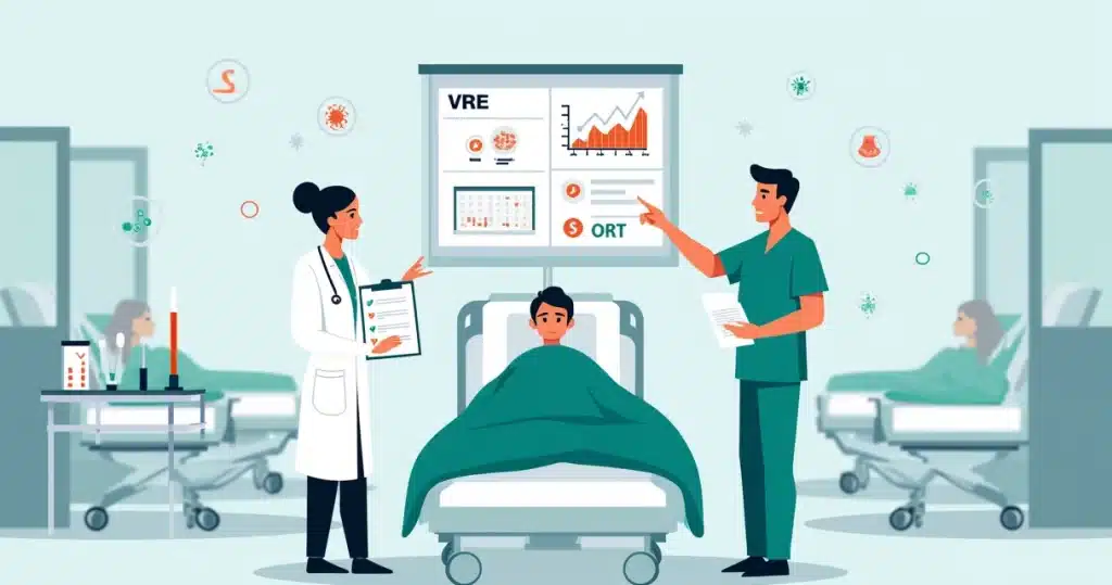 Profissionais de saúde analisando rastreamento de VRE em pacientes hospitalizados