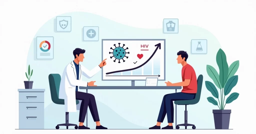 Ilustração de médico explicando tratamento com duas drogas para HIV a paciente