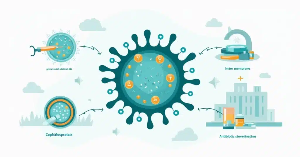 Ilustração de bactéria Enterobacterales com beta-lactamase AmpC quebrando anel beta-lactâmico