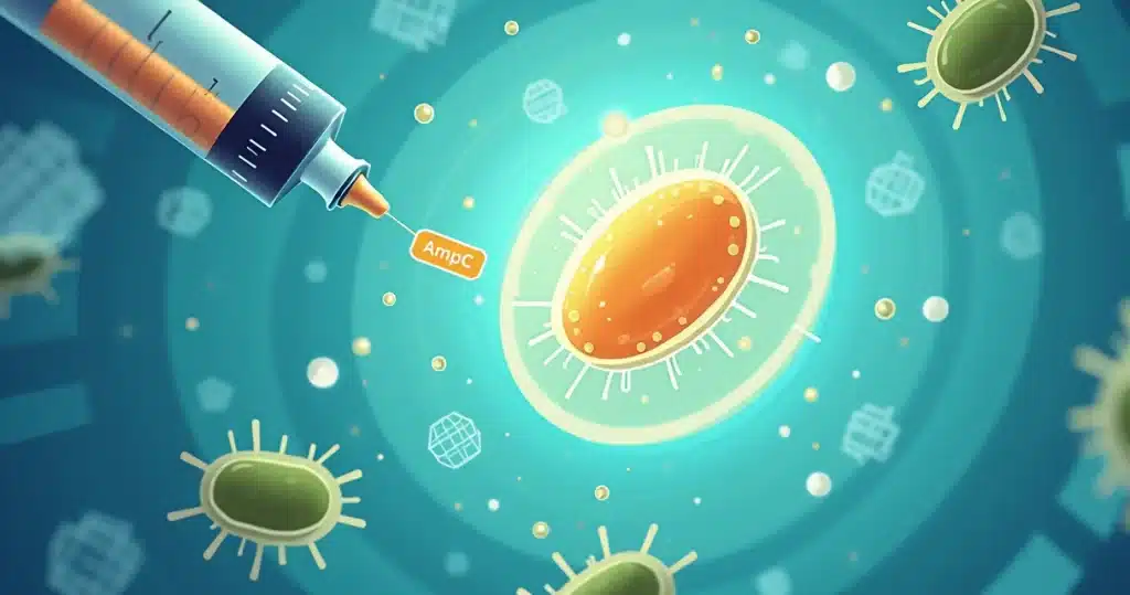 Ilustração de bactérias gram-negativas com destaque para enzima beta-lactamase AmpC bloqueando ação de antibiótico
