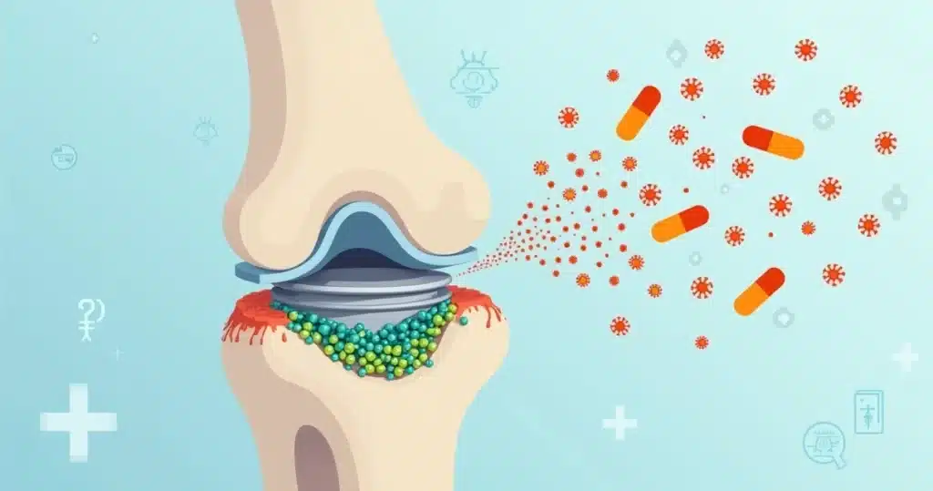 Ilustração de prótese ortopédica com biofilme bacteriano e destaque para ação da rifampicina