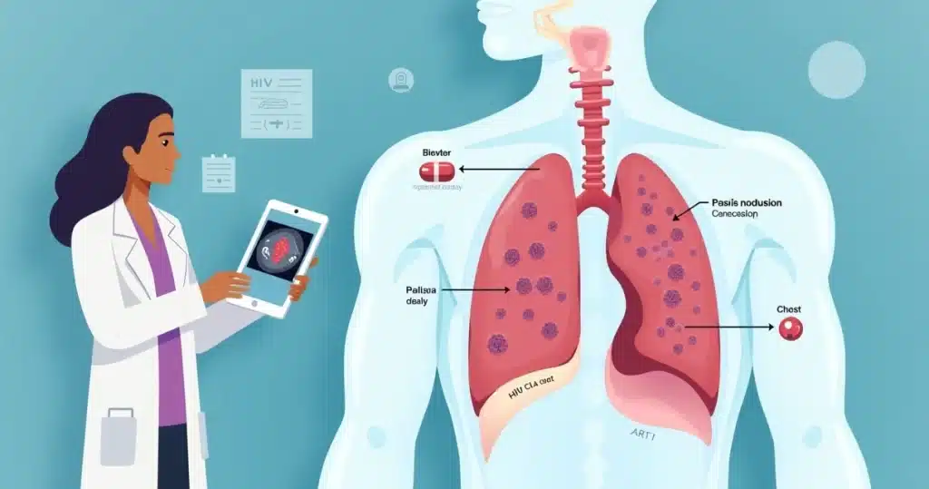 Ilustração médica de sarcoma de Kaposi afetando pleura em paciente com aids