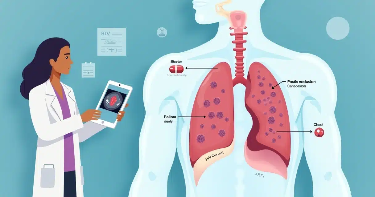 Ilustração médica de sarcoma de Kaposi afetando pleura em paciente com aids