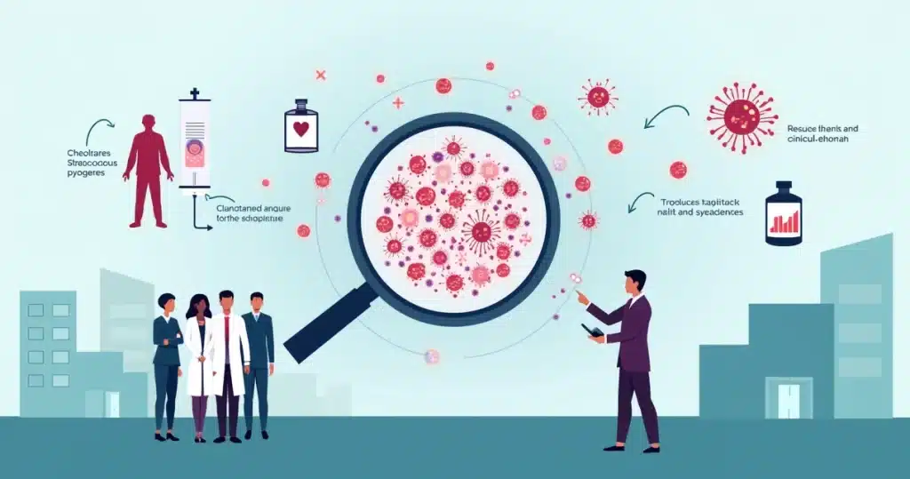 Ilustração de equipe médica analisando infecção invasiva por Streptococcus pyogenes em visão microscópica