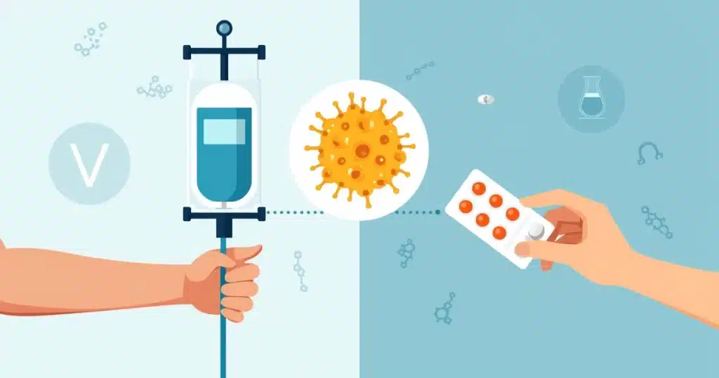 Ilustração comparando antibiótico intravenoso e oral no tratamento de bacteremia