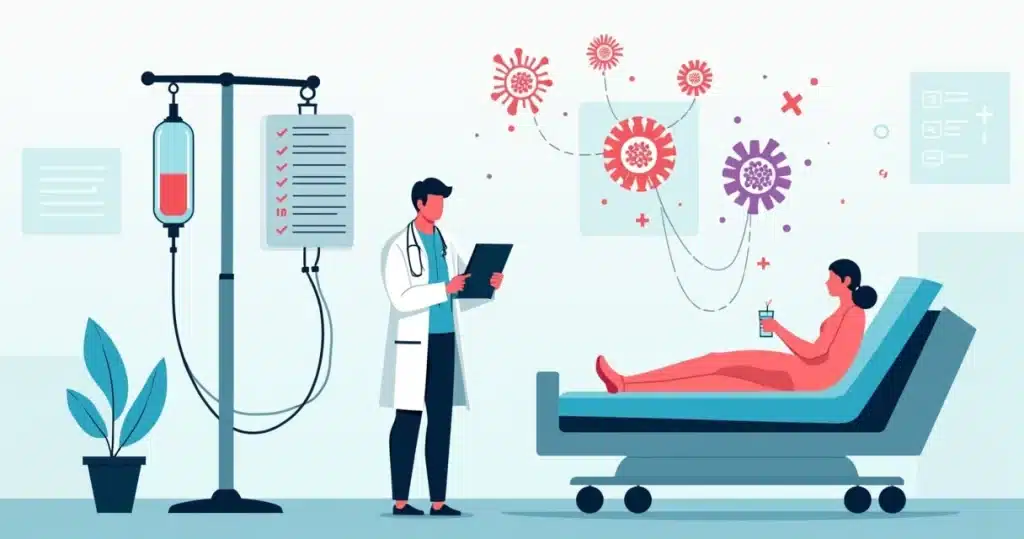 Ilustração de profissional de saúde avaliando transição de antibiótico intravenoso para oral
