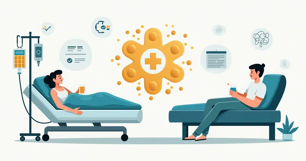 Ilustração comparando terapia oral e intravenosa em tratamento hospitalar