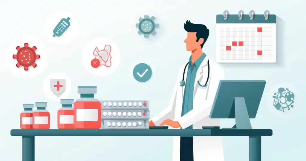 Ilustração de médico avaliando frascos de antibiótico ao lado de ícones de bactérias e calendário