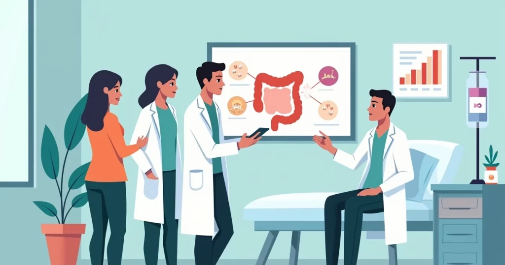 Ilustração de médicos discutindo tratamento de criptosporidiose em paciente com aids