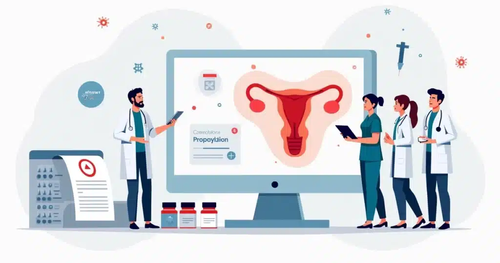 Ilustração de equipe de saúde discutindo tratamento antibiótico para doença inflamatória pélvica