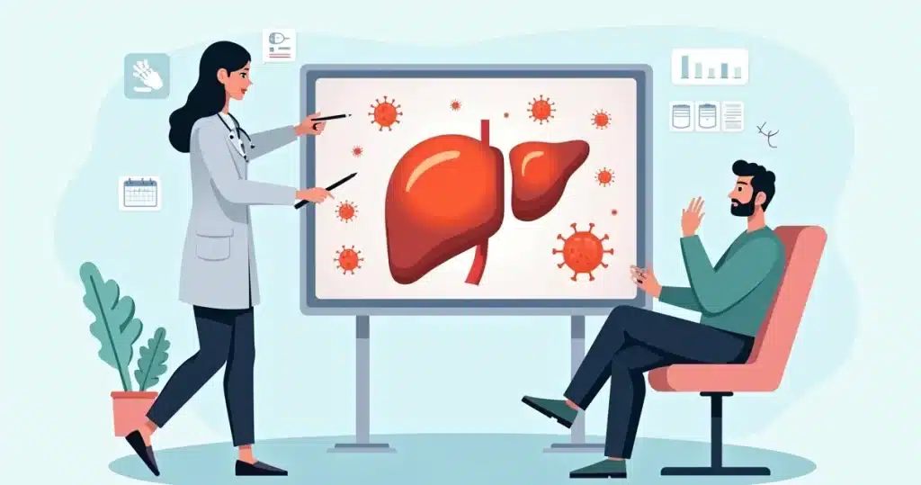 Profissional de saúde explicando tratamento da hepatite C com ilustração do fígado e antivirais