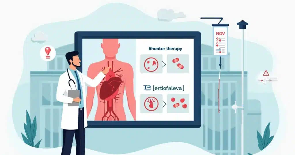 Ilustração de médico analisando decisão de duração de antibiótico em bacteremia e endocardite