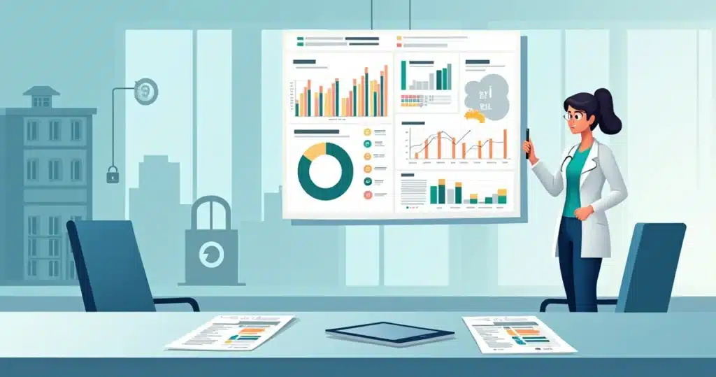 Profissional de saúde analisando gráficos de auditoria clínica em um painel digital