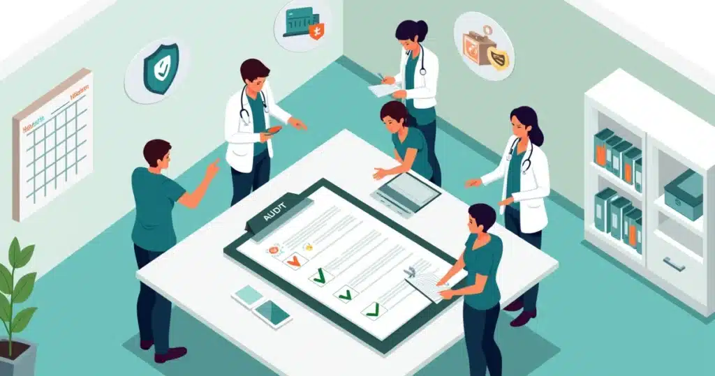 Profissionais revisando checklist de auditoria clínica em consultório moderno