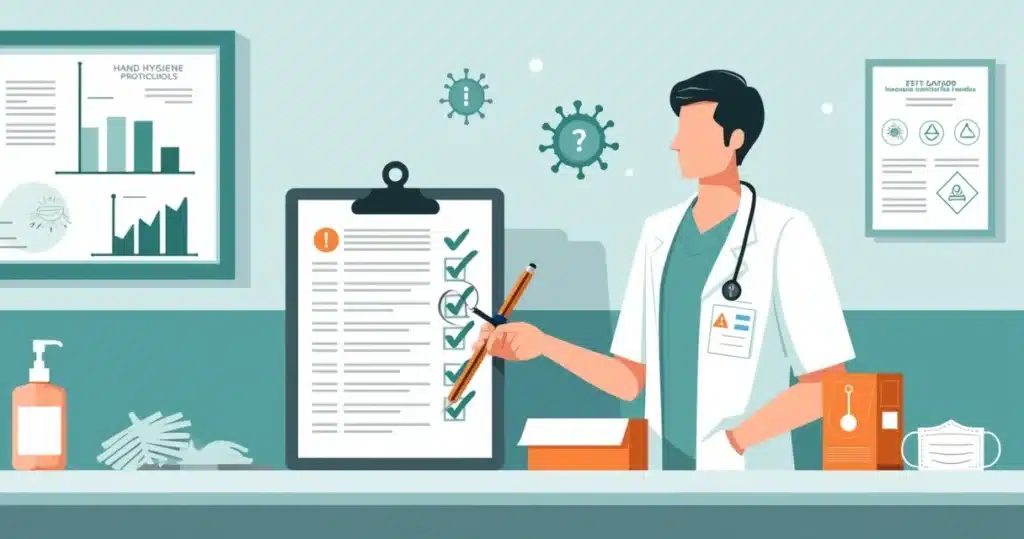 Auditor examinando checklist de prevenção de infecções em ambiente hospitalar