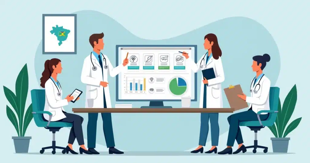 Equipe de saúde avaliando painel de indicadores de controle de infecções