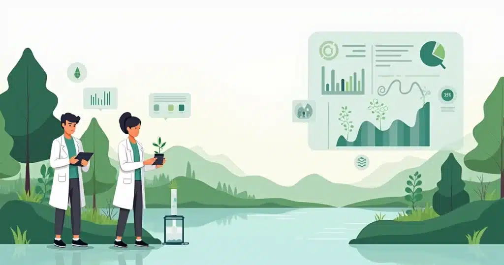 Ilustração de biomonitoramento ambiental com cientistas analisando floresta e rio