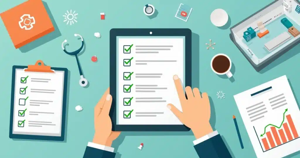 Profissional da saúde preenchendo checklist digital de auditoria clínica em tablet
