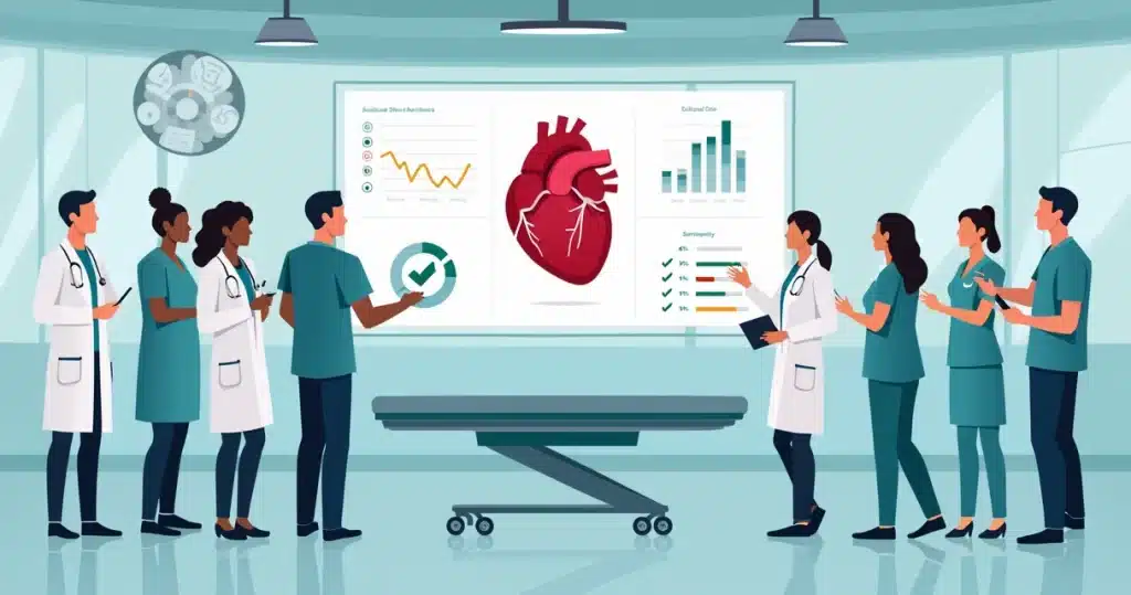 Equipe médica analisando indicadores de infecção em cirurgia cardíaca