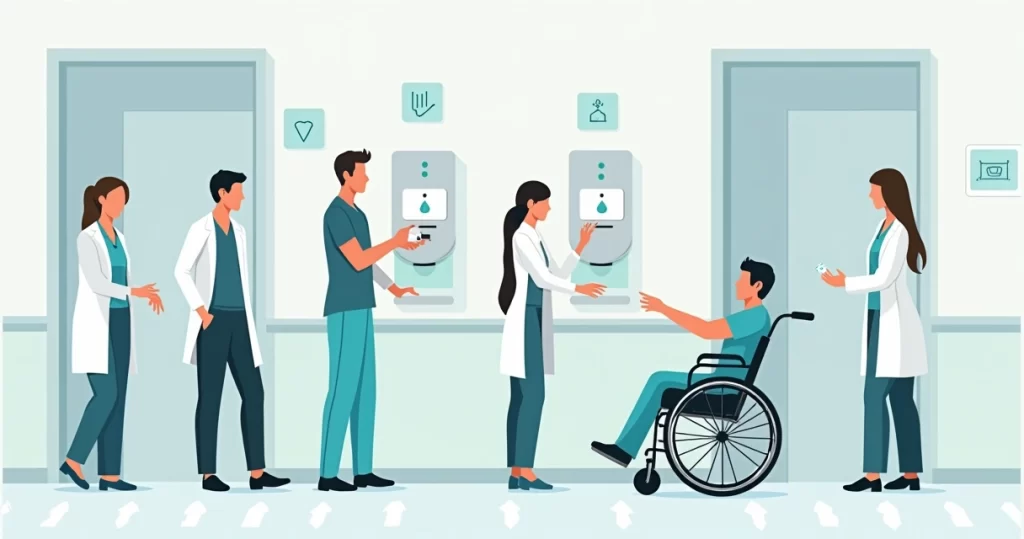 Dispensadores de álcool em gel acessíveis em corredor de hospital