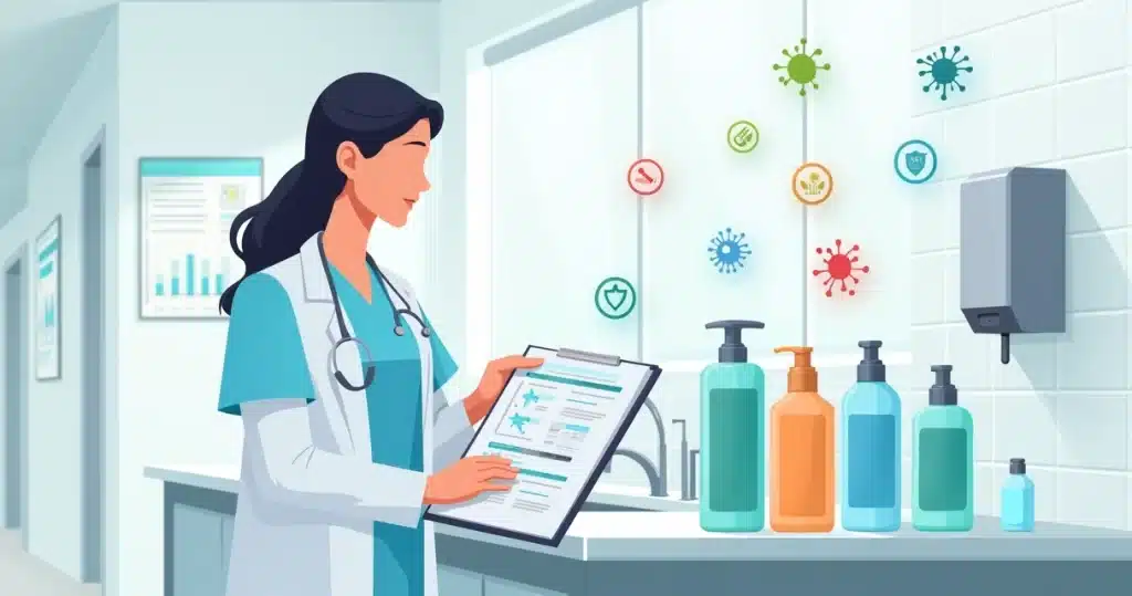 Profissional de saúde escolhendo produtos para higiene das mãos em ambiente hospitalar