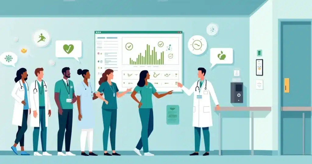 Profissional de saúde recebendo feedback positivo sobre higiene das mãos em hospital