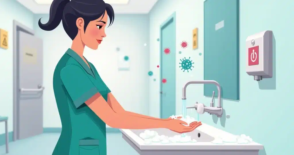 Profissional da saúde lavando as mãos com água e sabão em ambiente hospitalar