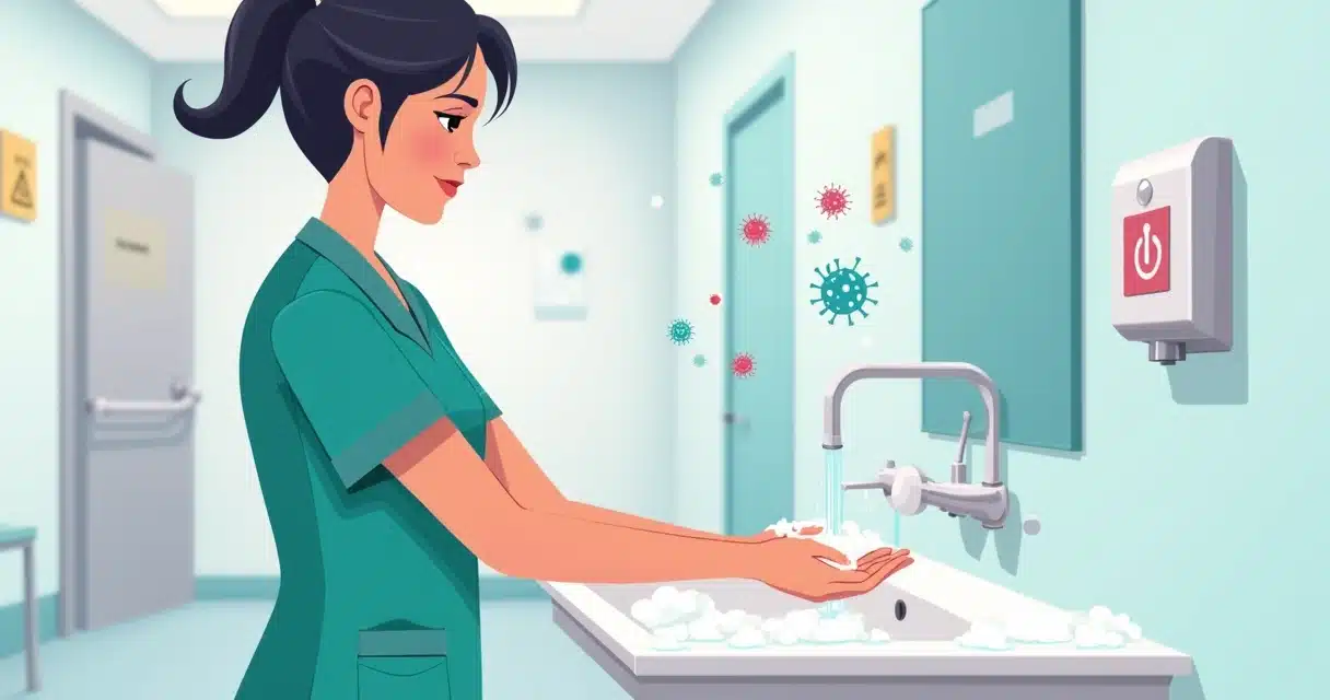 Profissional da saúde lavando as mãos com água e sabão em ambiente hospitalar