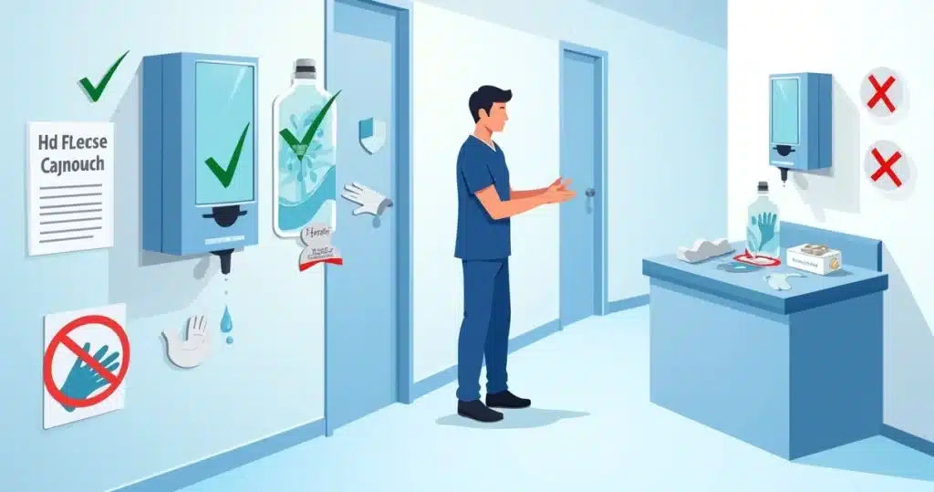 Profissional de saúde avaliando práticas corretas e incorretas de higiene das mãos em ambiente hospitalar