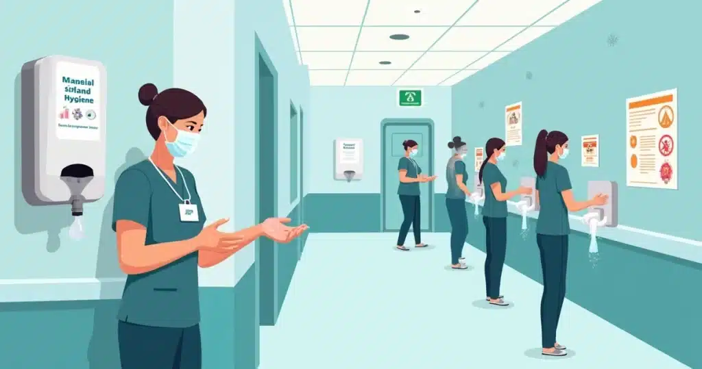Profissional da saúde higienizando as mãos em hospital durante surto de infecções