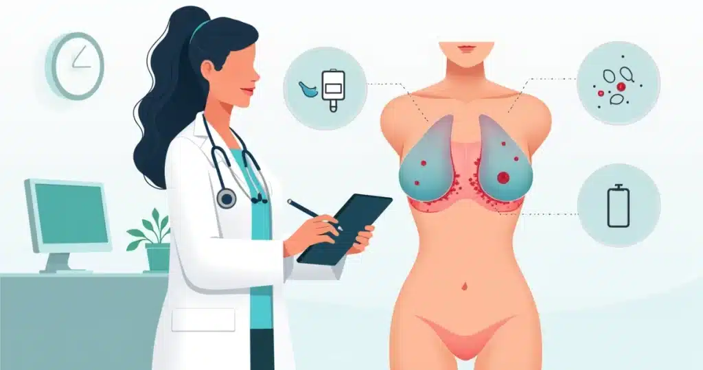 Ilustração de profissional explicando infecção em prótese mamária