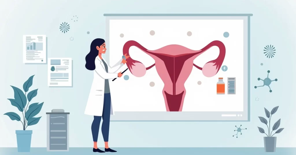 Ilustração de médica explicando tratamento de infecções genitais femininas