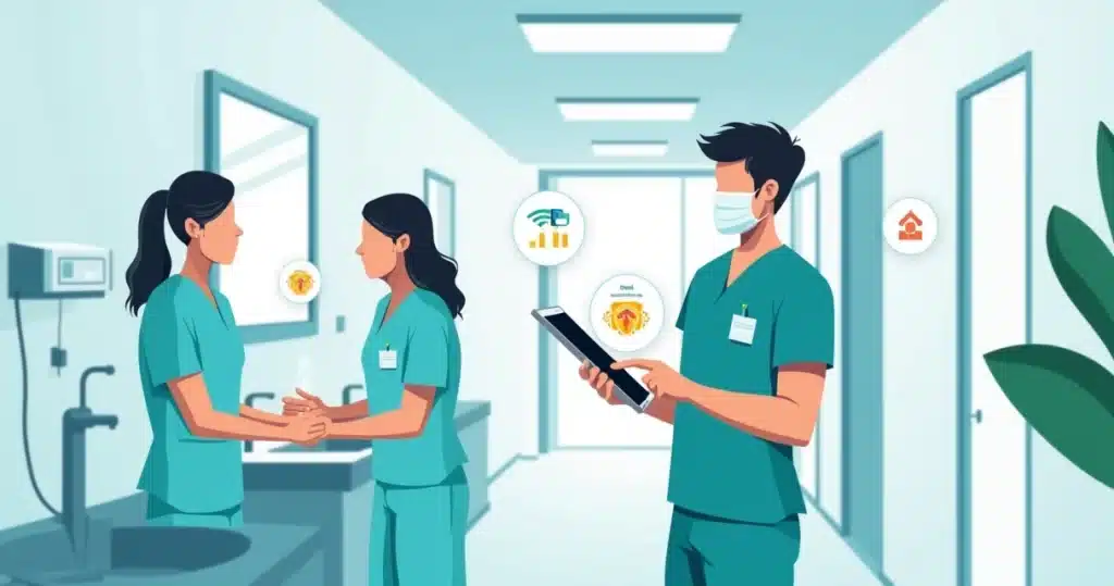 Profissional de saúde monitorando higiene das mãos em hospital com tablet