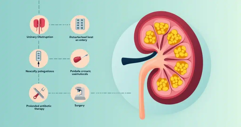Ilustração de rim com osterite xantogranulomatosa mostrando inflamação extensa e obstrução urinária