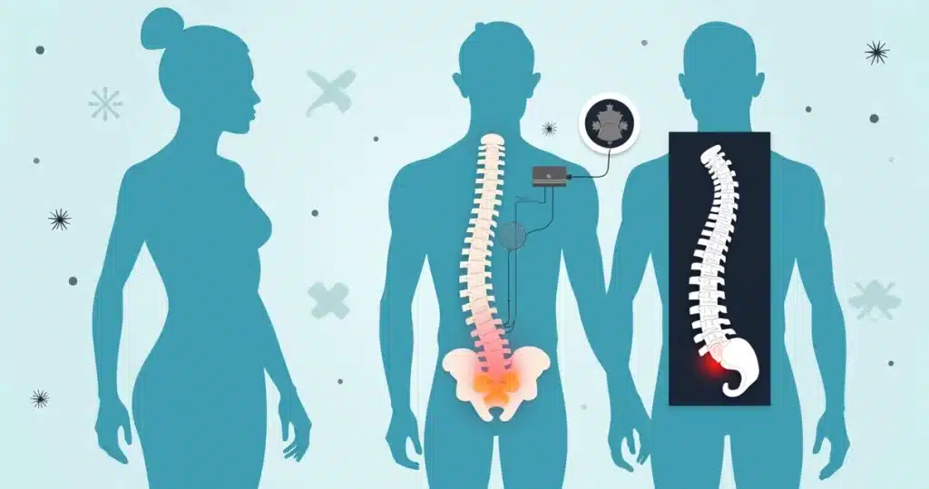 Ilustração de coluna com dispositivo de neuromodulação espinhal destacando foco de infecção